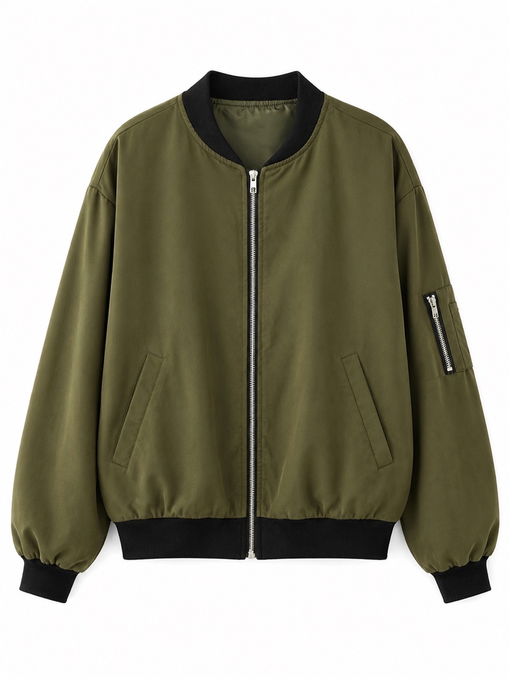 Olive Green Bomber Jacket with Black Trim - Women's